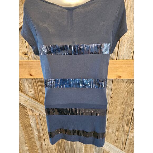 NWT new Kische made in turkey sz S navy blue sequin flashy Glam top short sleeve - Picture 2 of 6
